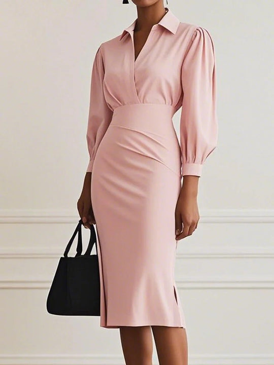Damen Hemdblusen-Etuikleid mit V‑Wickel, Puffärmeln und taillierter Midilänge Shop Nory