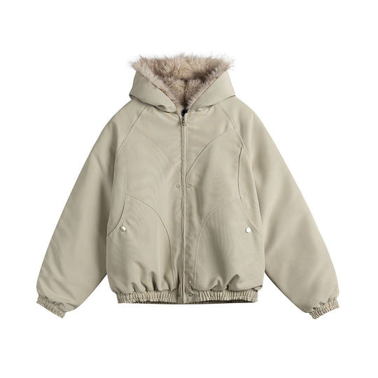 Damen Kurz geschnittene Camouflage-Übergangsjacke mit Kunstfellkapuze und elastischem Saum Shop Nory