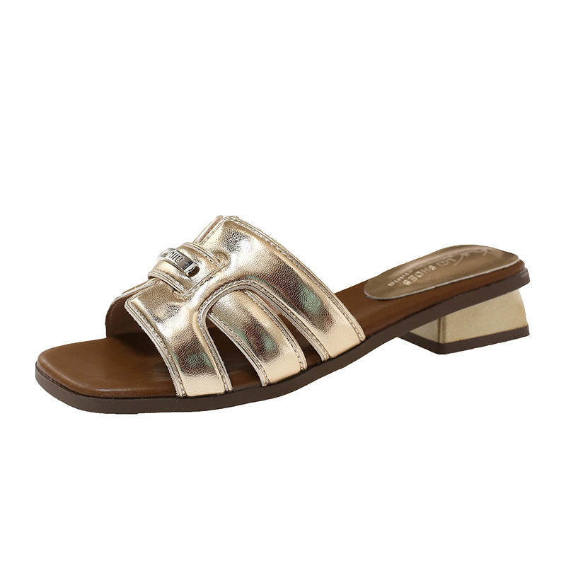 Damen elegante Slide-Sandalen mit schimmerndem Riemendesign Shopnory