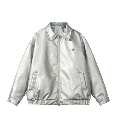 Damen Oversize Glattleder‑Optik Blousonjacke mit elastischem Saum und Metall‑Logo Shop Nory