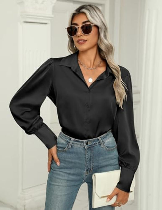 Damen Seidenoptik-Bluse mit Hemdkragen, verdeckter Knopfleiste und langen Manschetten Shop Nory