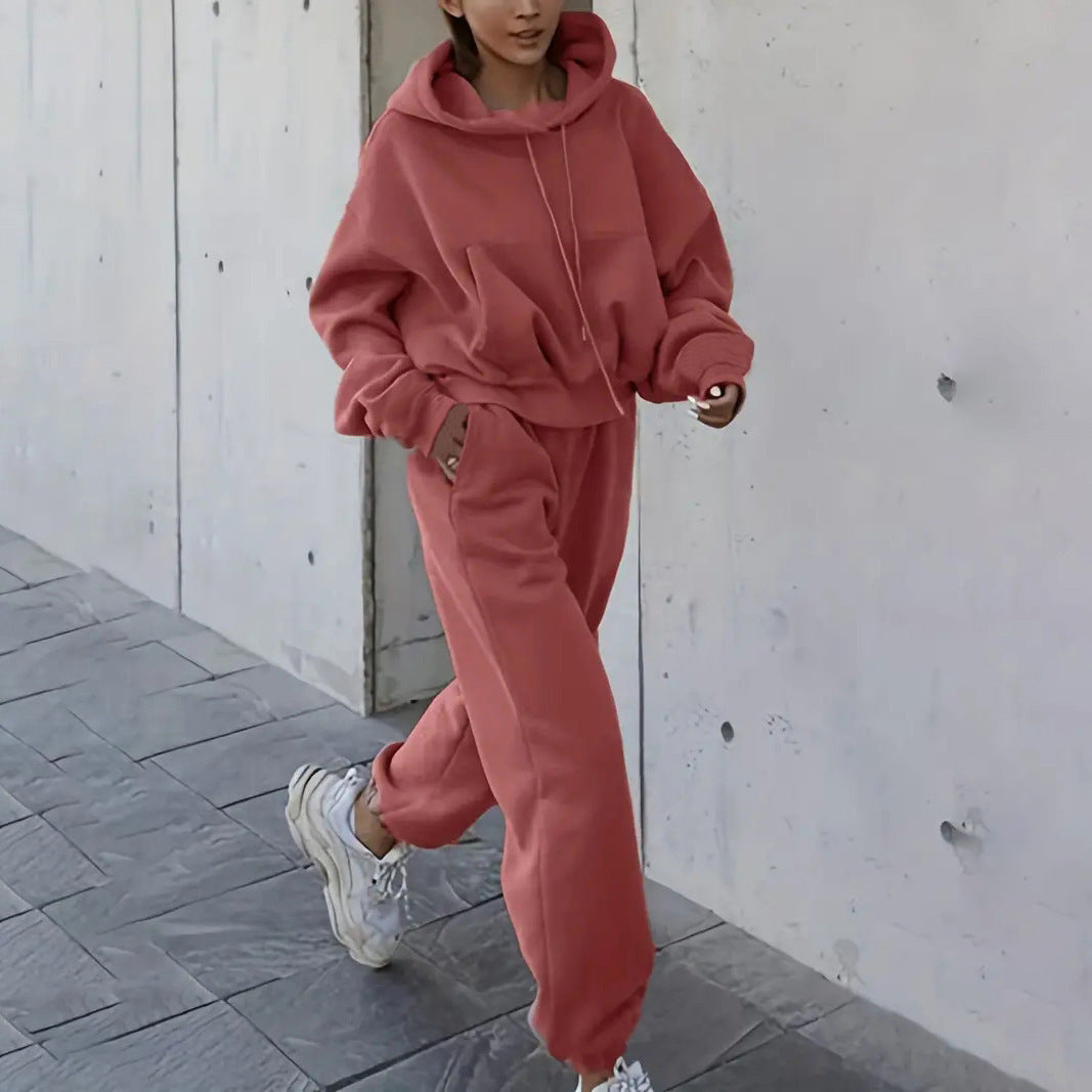 Damen kurzes Oversize-Kapuzenpullover-Set mit elastischer High-Waist-Jogginghose aus Baumwollfleece Shop Nory