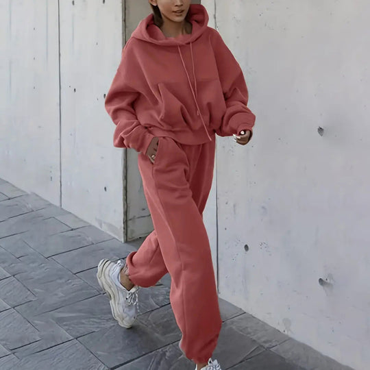 Damen kurzes Oversize-Kapuzenpullover-Set mit elastischer High-Waist-Jogginghose aus Baumwollfleece Shop Nory