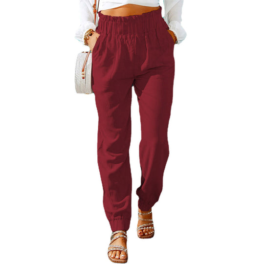 Damen Hochtaillierte Leinenoptik-Joggerhose mit elastischem Rüschbund und Eingrifftaschen Shop Nory