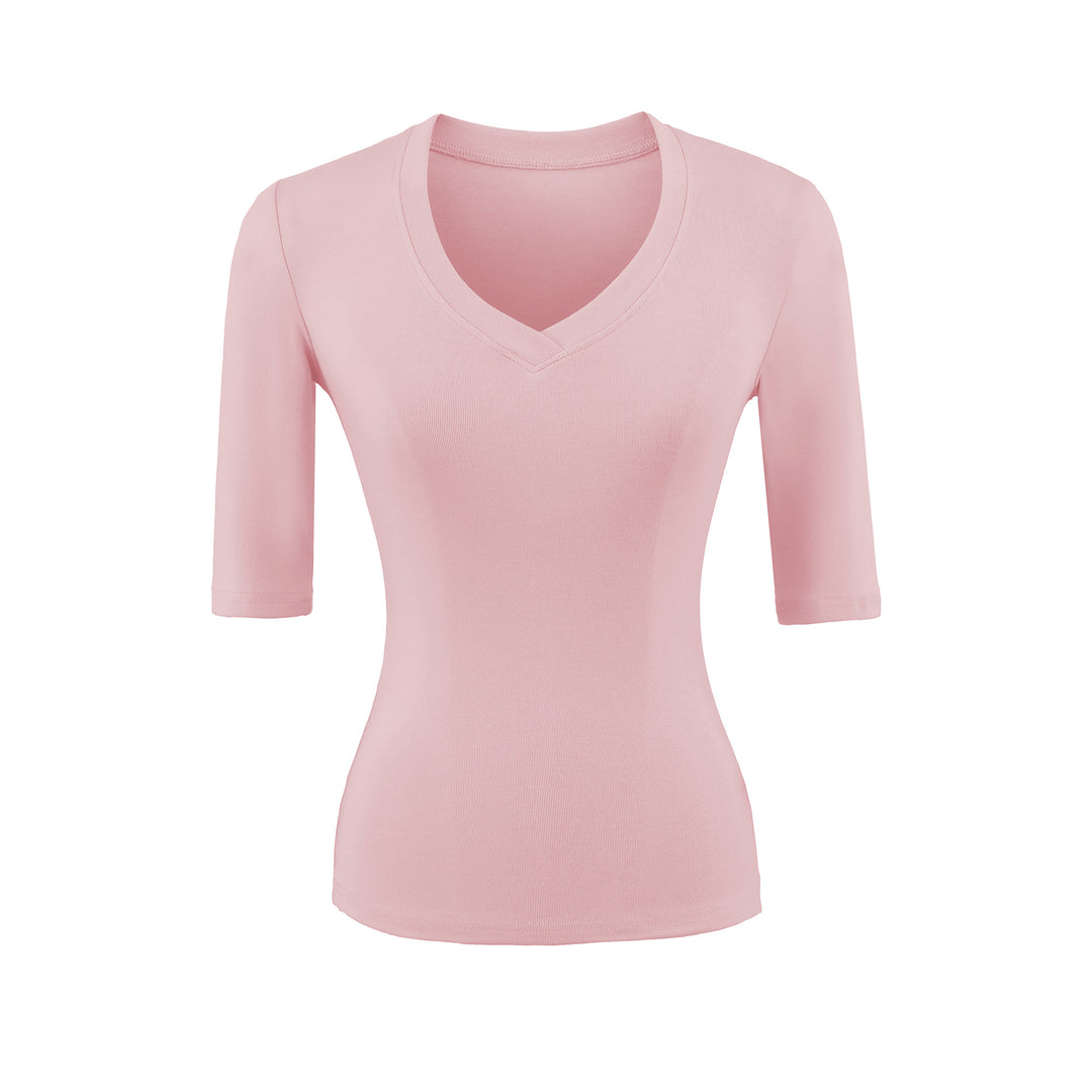 Damen Figurbetontes V‑Ausschnitt Dreiviertelarm Feinripp-Top aus Stretchjersey Shop Nory