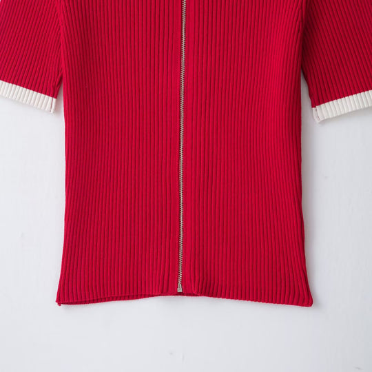 Damen Gerippte Kurzarm-Polo-Strickjacke mit durchgehendem Reißverschluss Shop Nory