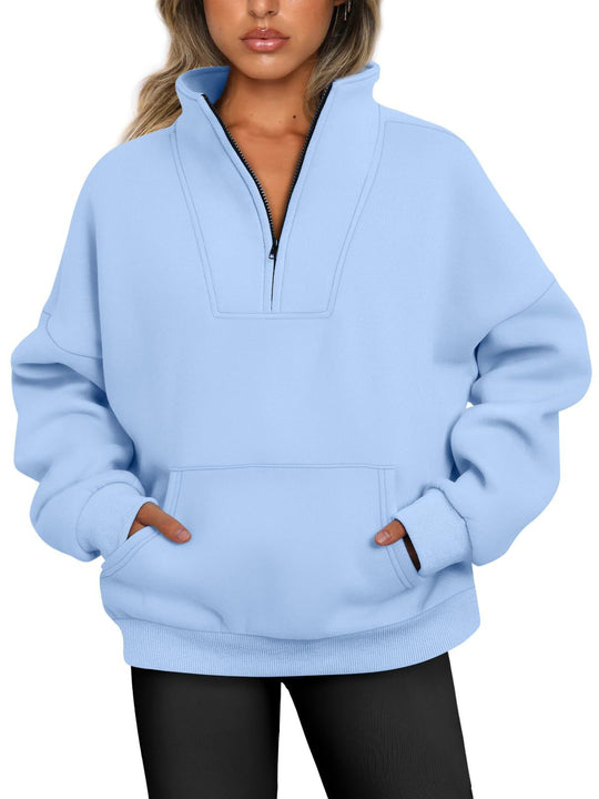 Damen nan oversized Halbzip-Hoodie mit hohem Stehkragen, Kängurutasche und gerippten Bündchen Shop Nory