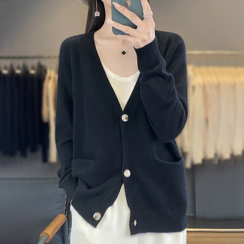Damen Lässiger Feinstrick-Cardigan mit V‑Ausschnitt, Eingrifftaschen und breitem Rippbund Shop Nory