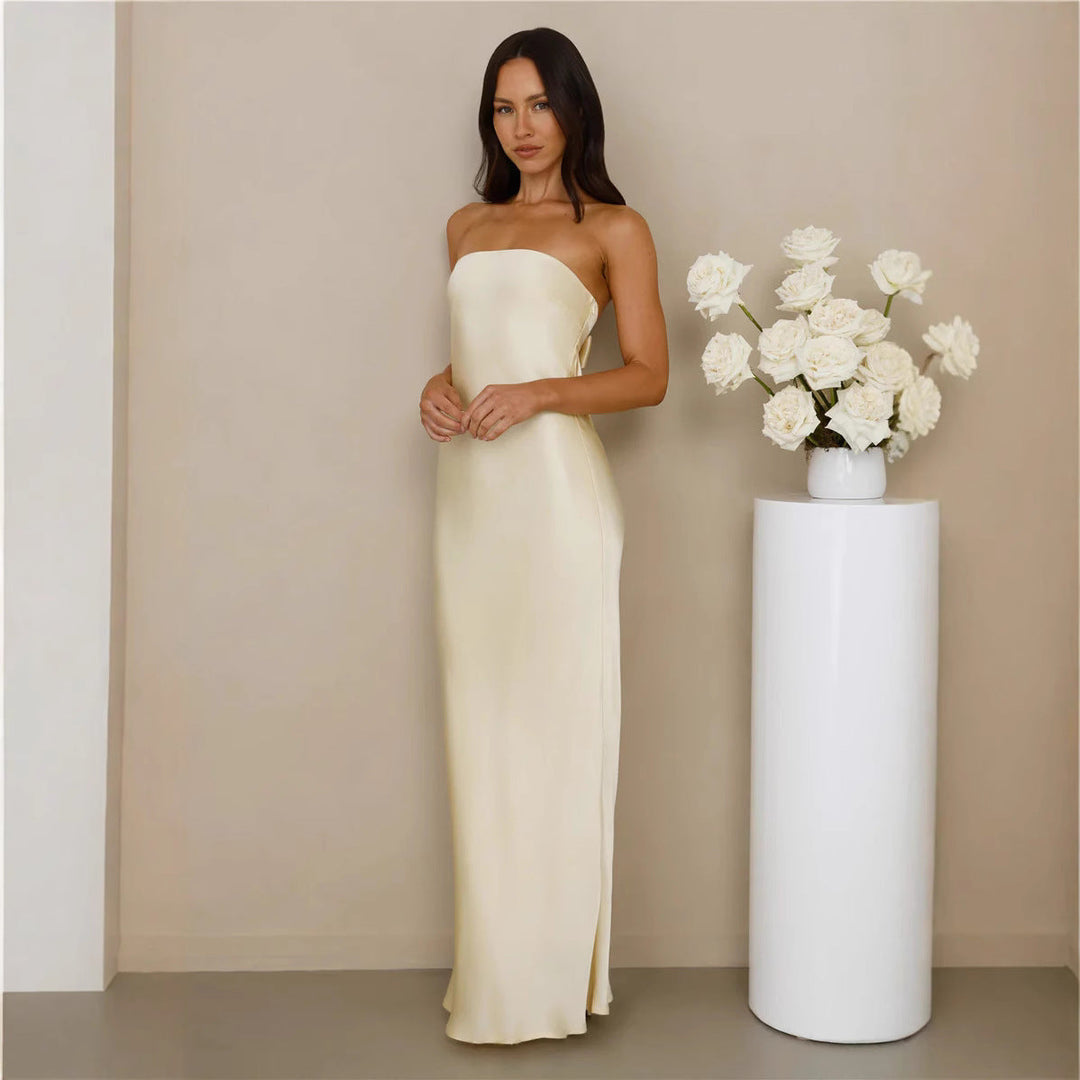 Damen Elegantes schulterfreies Maxikleid aus satinähnlichem Material Shopnory