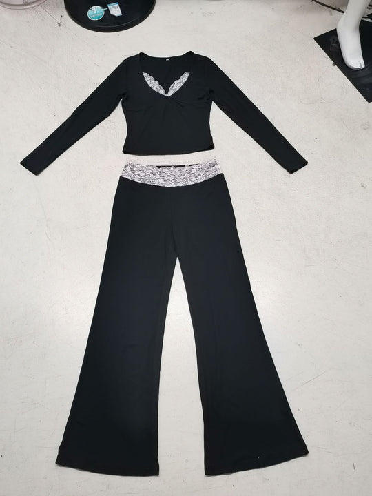 Damen nan Lounge-Set mit Spitzenbund, V-Ausschnitt und ausgestellter Schlaghose Shop Nory