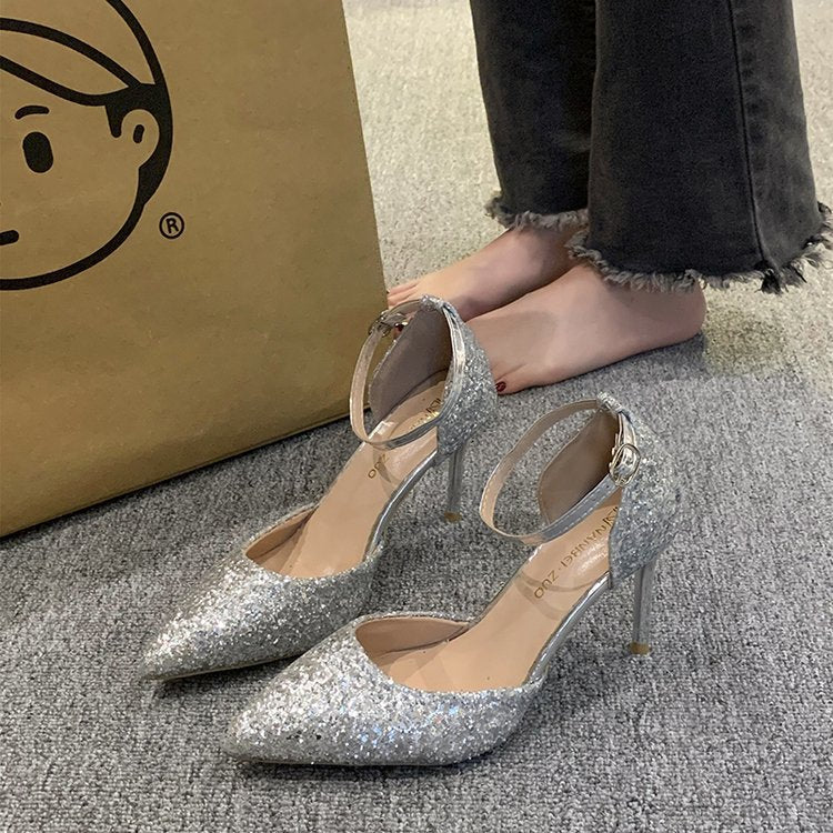 Damen elegante Spitzen High Heels mit transparentem Riemen