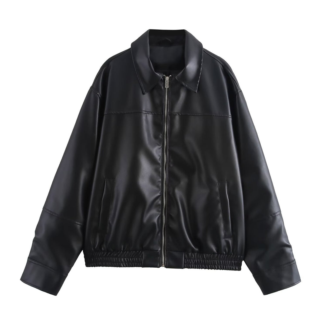 Damen Kurzjacke aus Kunstleder im Oversized-Bomberstil mit Hemdkragen und elastischem Saum Shop Nory