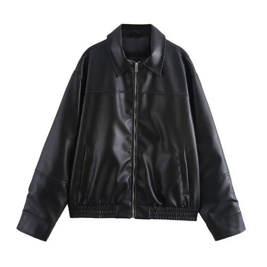 Damen Kurzjacke aus Kunstleder im Oversized-Bomberstil mit Hemdkragen und elastischem Saum Shop Nory