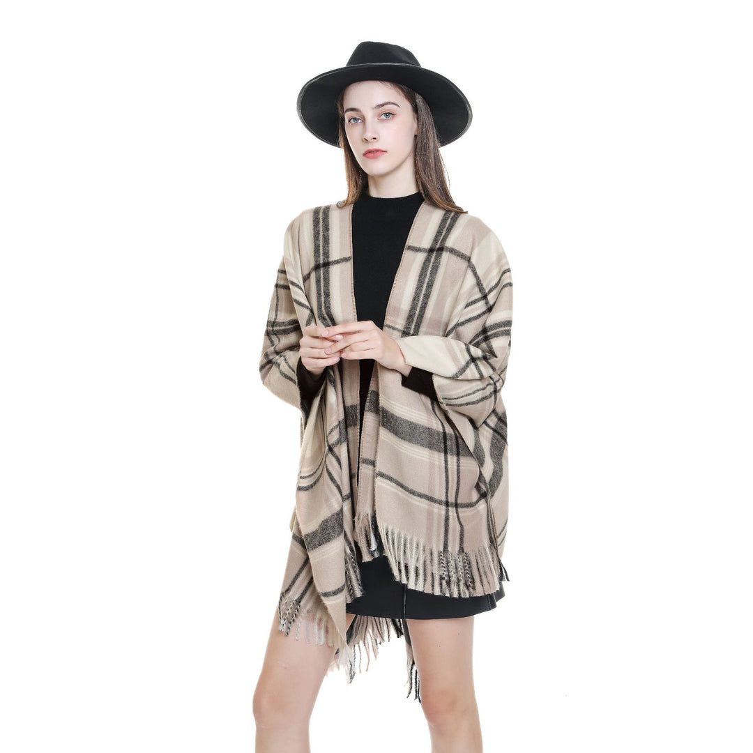 Damen Karierter Cape-Umhang aus Wollmix mit Fransen Shop Nory