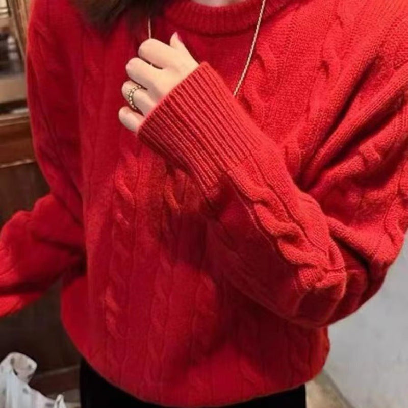 Damen Kastiger Kabelstrick‑Pullover mit Rundhals, extraweichem Wollmix und gerippten Bündchen Shop Nory