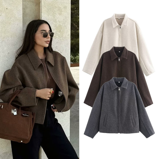 Damen Boxy Wollmix-Bomberjacke mit Hemdkragen, verdecktem Reißverschluss und Eingrifftaschen Shop Nory