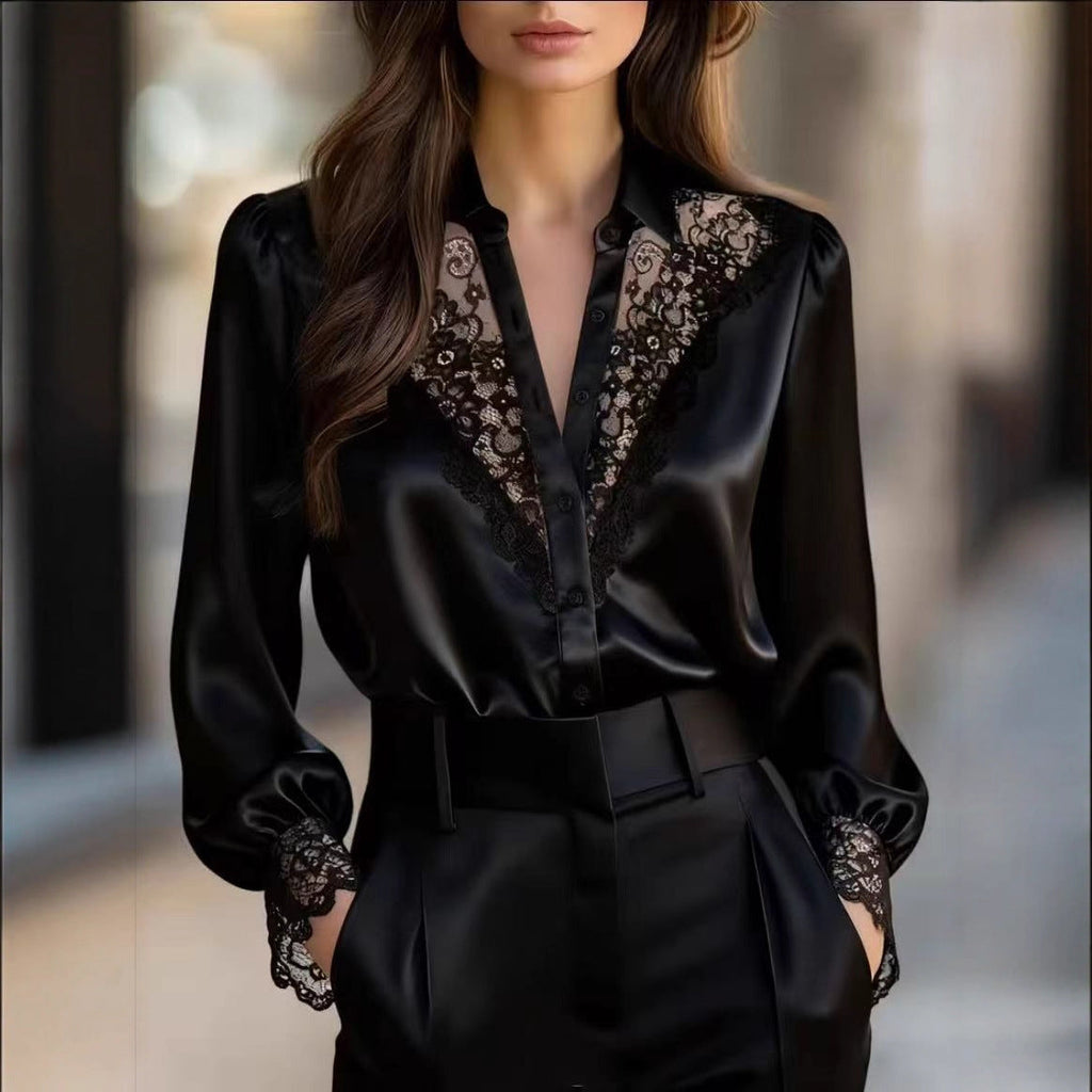 Damen elegante Bluse mit romantischen Spitzenakzenten