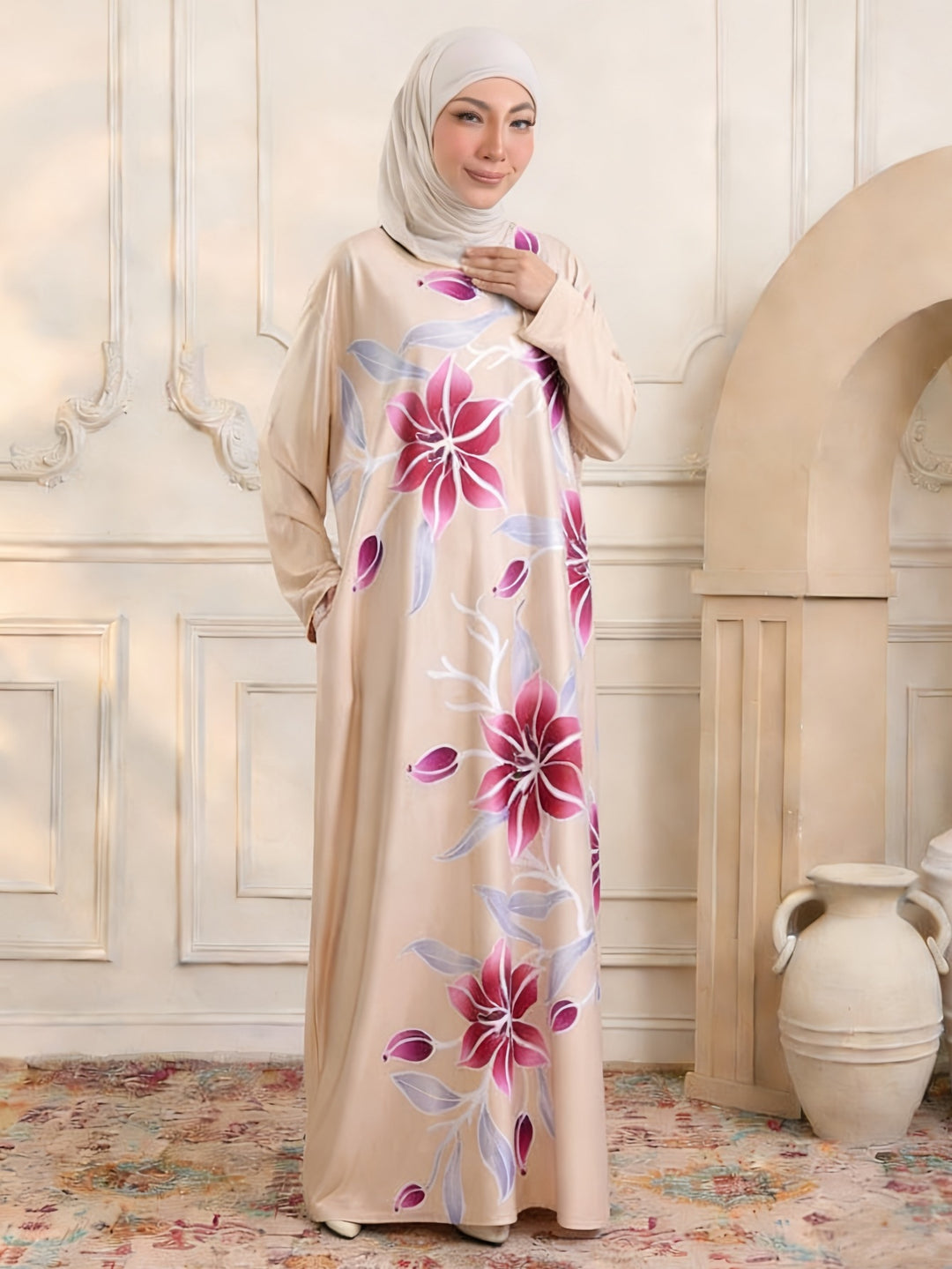 Damen Maxikleid im Kaftan-Stil mit handbemaltem Blumenprint Shop Nory
