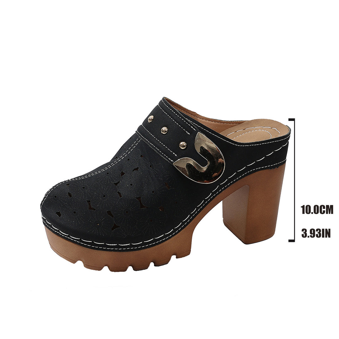 Damen Plateau-Clogs mit floralem Perforationsmuster, dekorativer Metallschnalle und hohem Blockabsatz Shop Nory