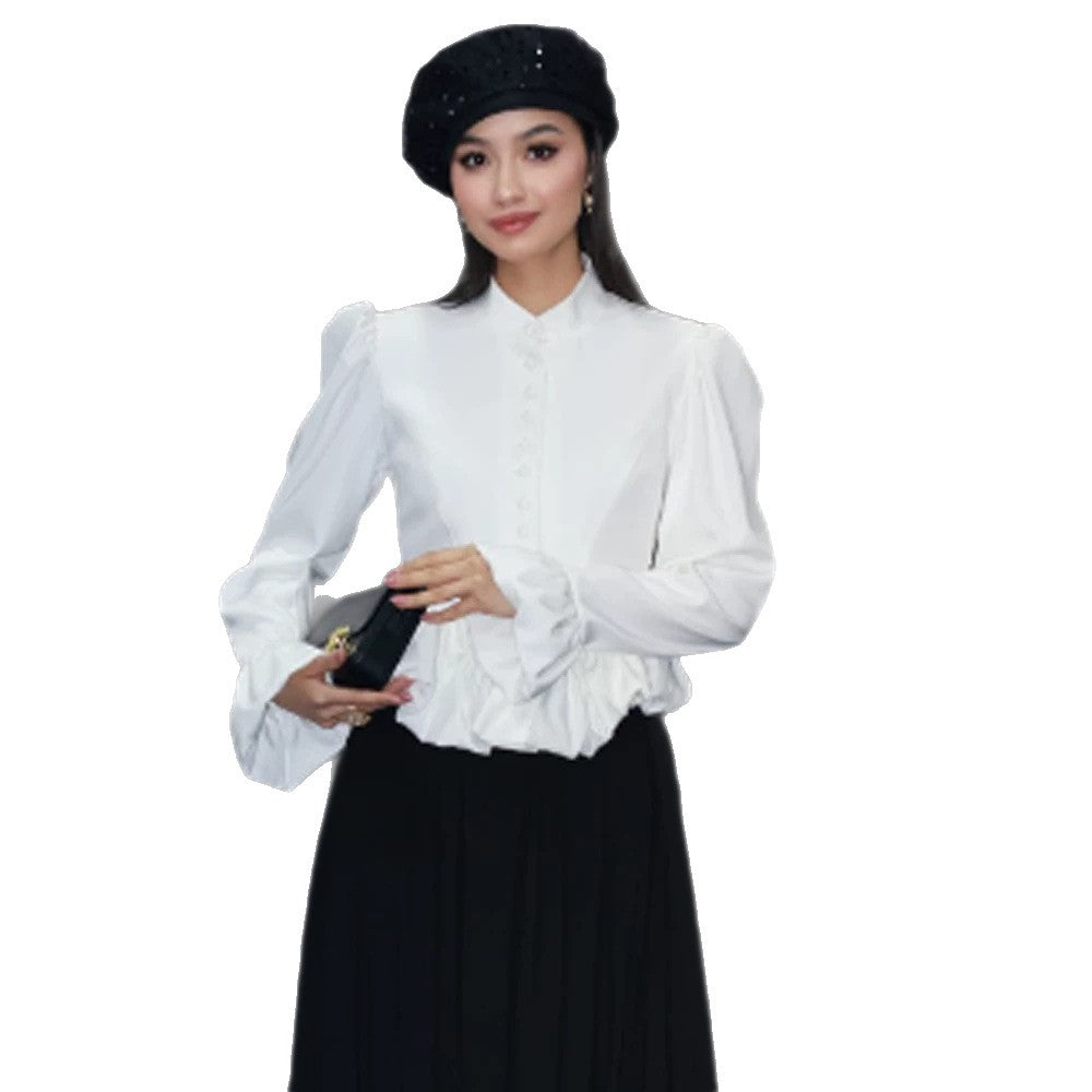 Damen Taillierte Peplum-Bluse mit Stehkragen, bezogener Knopfleiste und Puffärmeln Shop Nory