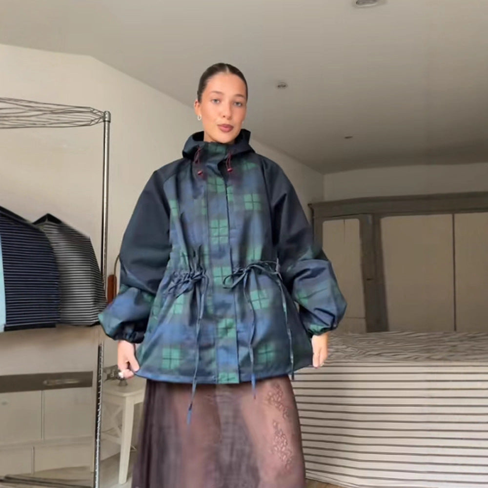 Damen Oversized Jacke im lässigen Karo-Design mit praktischen Taschen und Taillenzug