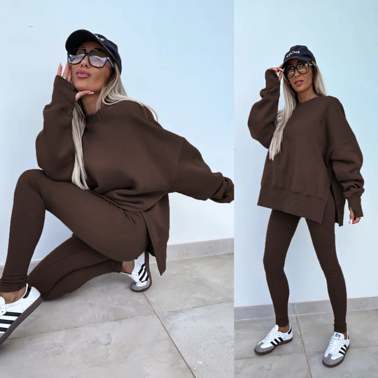 Damen komfortables Oversize-Lounge-Set mit langem Sweatshirt, gerippten High-Waist-Leggings und verlängerten Bündchen Shop Nory