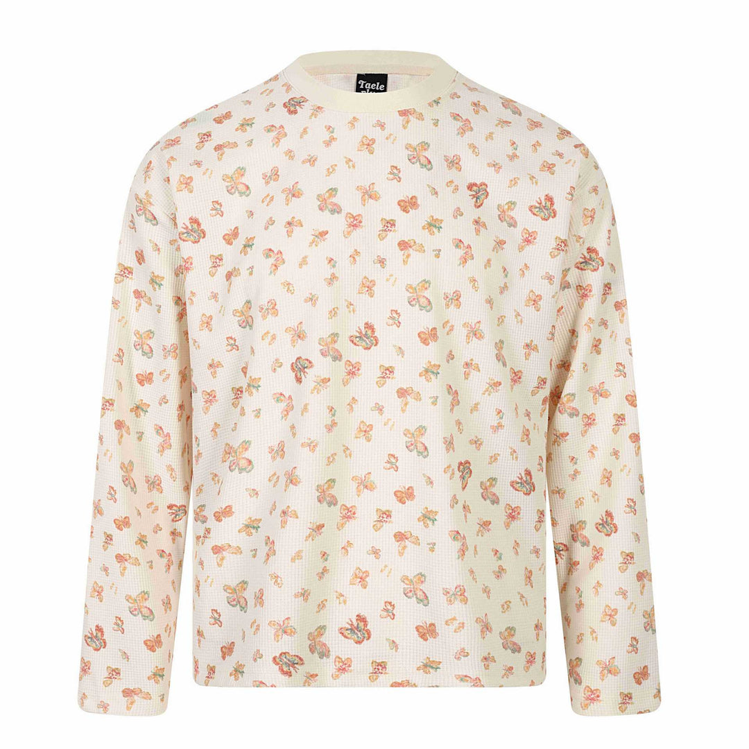 Damen Waffelstrick-Langarmshirt mit Allover-Schmetterlingsprint und Rundhals Shop Nory