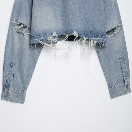 Damen Cropped Jeansjacke im Used‑Look mit ausgefranstem Saum und Oversize‑Ärmeln Shop Nory