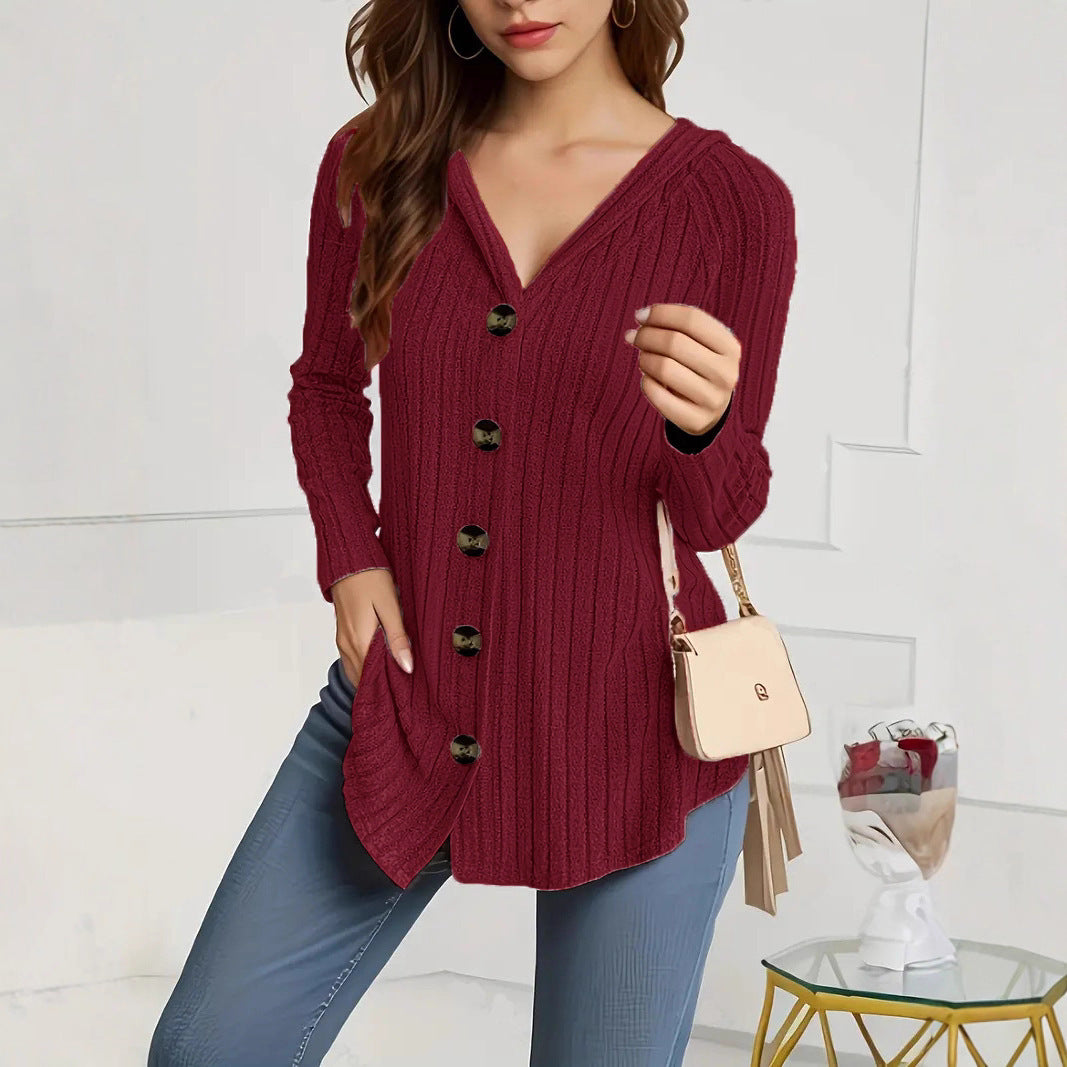 Damen kaschierender gerippter Strickcardigan mit V-Ausschnitt und dekorativen Knöpfen Shop Nory