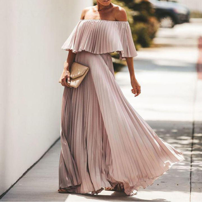 Damen Maxikleid mit asymmetrischem Plisseefall und schulterfreiem Design