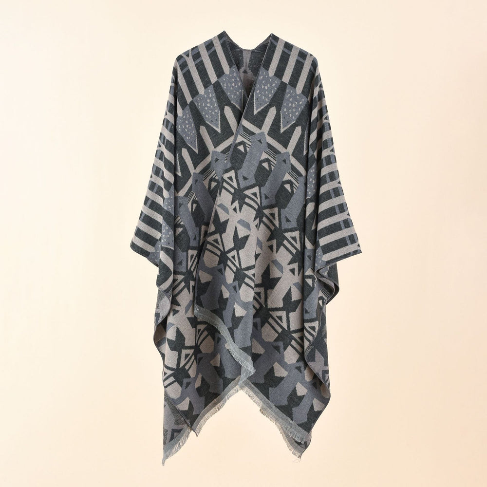 Damen Strick-Überwurfcape im Ruana-Stil mit grafischem Jacquard und Fransensaum Shop Nory
