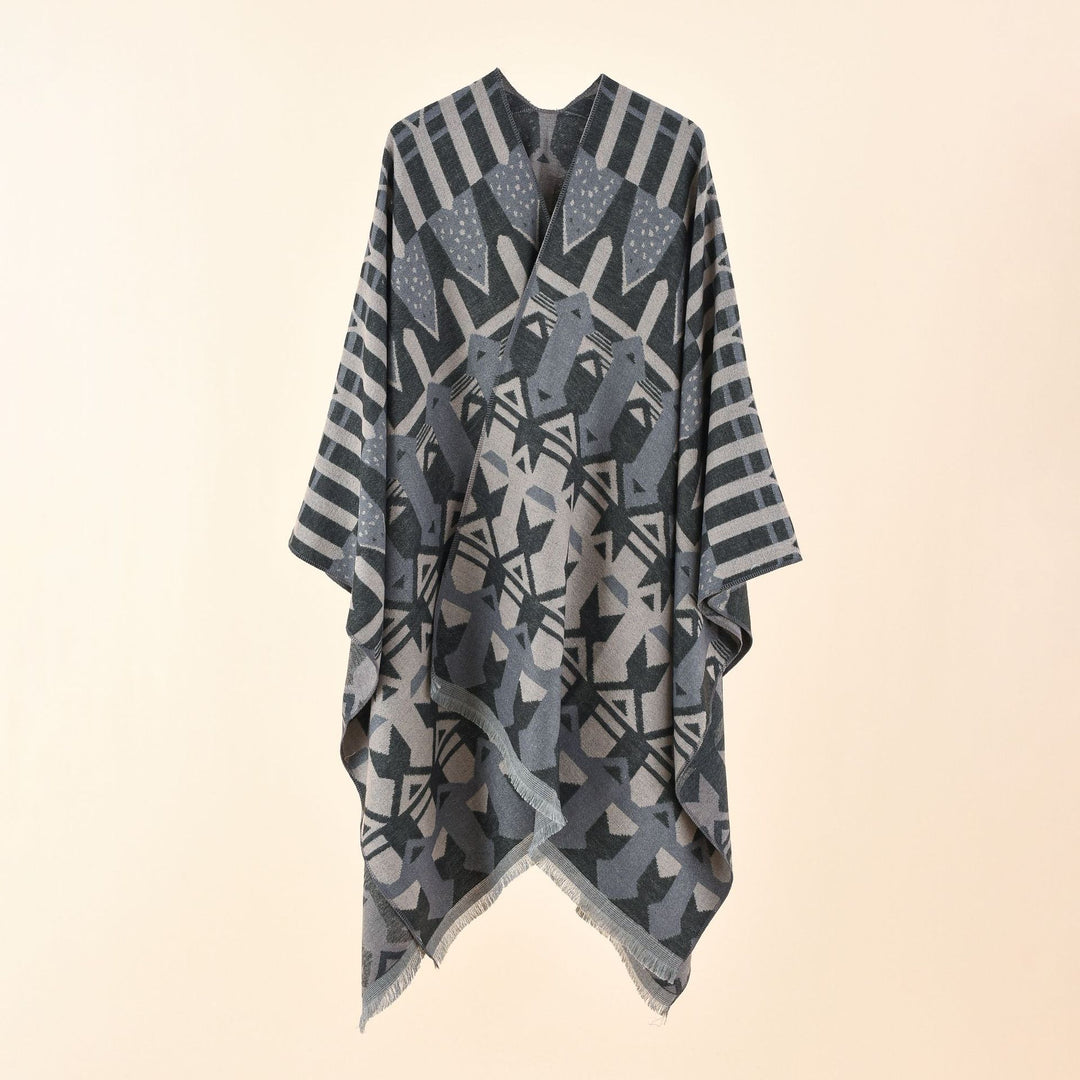 Damen Strick-Überwurfcape im Ruana-Stil mit grafischem Jacquard und Fransensaum Shop Nory