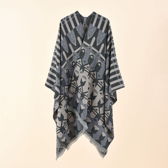 Damen Strick-Überwurfcape im Ruana-Stil mit grafischem Jacquard und Fransensaum Shop Nory