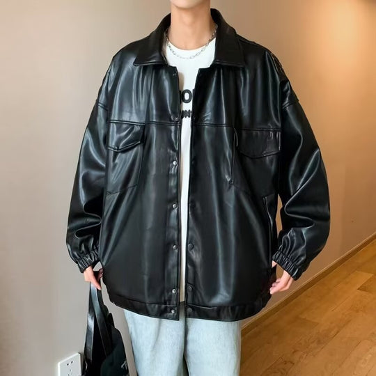 Herren Oversized PU-Leder-Shacket mit Pattentaschen und elastischen Bündchen Shop Nory