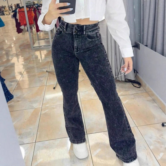 Damen Hochtaillierte verwaschene Flared-Jeans mit Doppelknopfbund und formendem Stretchschnitt Shop Nory