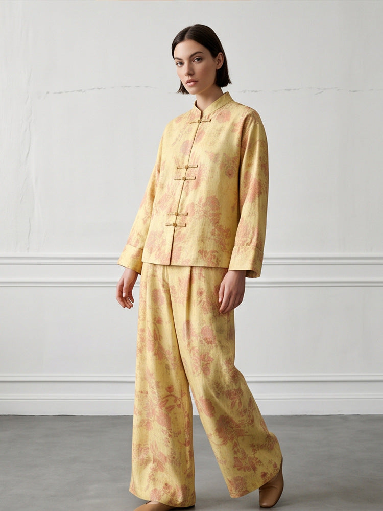 Damen Zweiteiliges Jacquard-Set mit Mandarin-Kragen und weit geschnittener Hose Shop Nory