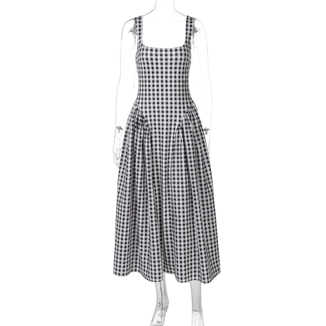Damen Sommerliches Maxikleid mit Karo-Design und seitlichen Raffungselementen