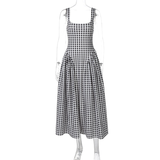 Damen Sommerliches Maxikleid mit Karo-Design und seitlichen Raffungselementen