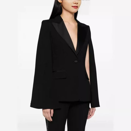 Damen Zweiteiliges Abendliches Blazer-Set mit Cape-Ärmeln und ausgestellten Marlene-Hosen Shop Nory