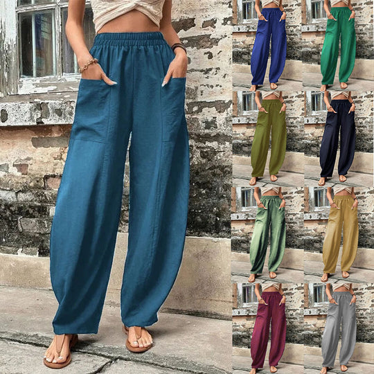 Damen Weite Leinenhose mit elastischem Bund, aufgesetzten Taschen und lässigem Harem-Schnitt Shop Nory