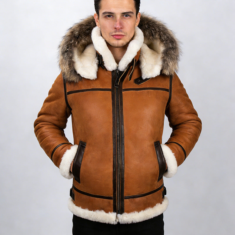 Herren Lammfell-Bomberjacke im Aviator-Stil mit Kapuze und Kontrastlederbesatz Shop Nory