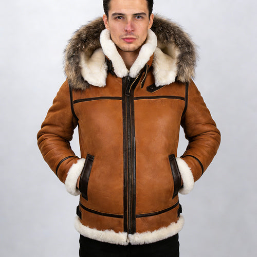 Herren Lammfell-Bomberjacke im Aviator-Stil mit Kapuze und Kontrastlederbesatz Shop Nory