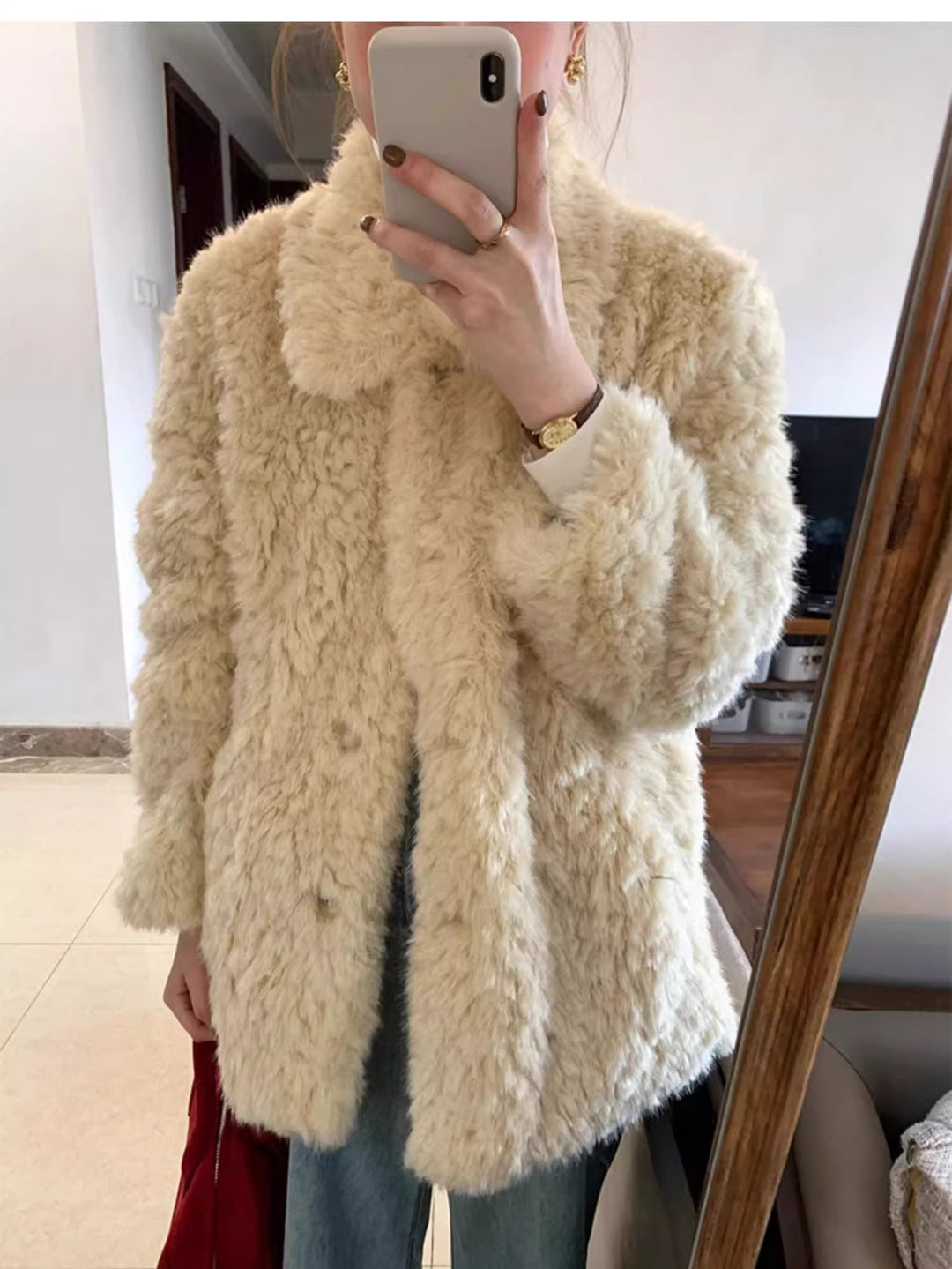 Damen Kurzer Teddy-Kunstfellmantel mit vollem Kragen und kastiger Silhouette Shop Nory