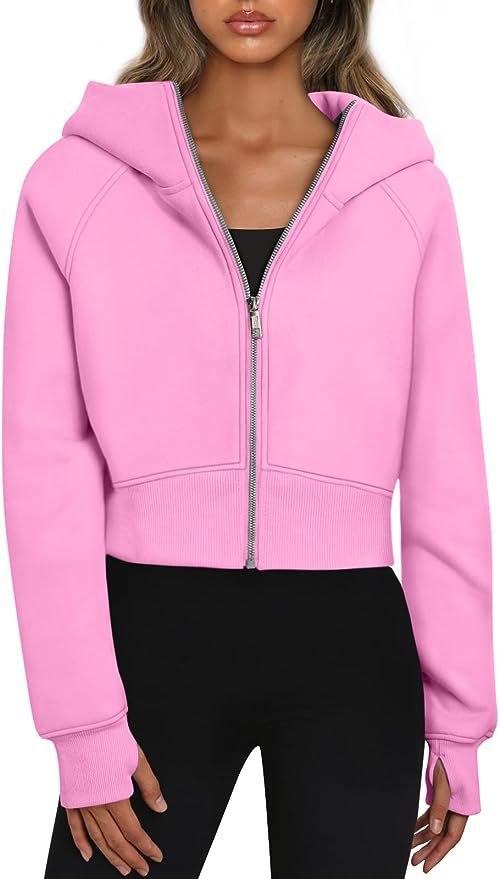 Damen Kurz geschnittener Performance-Kapuzenpullover mit durchgehendem Reißverschluss und Daumenlochbündchen Shop Nory