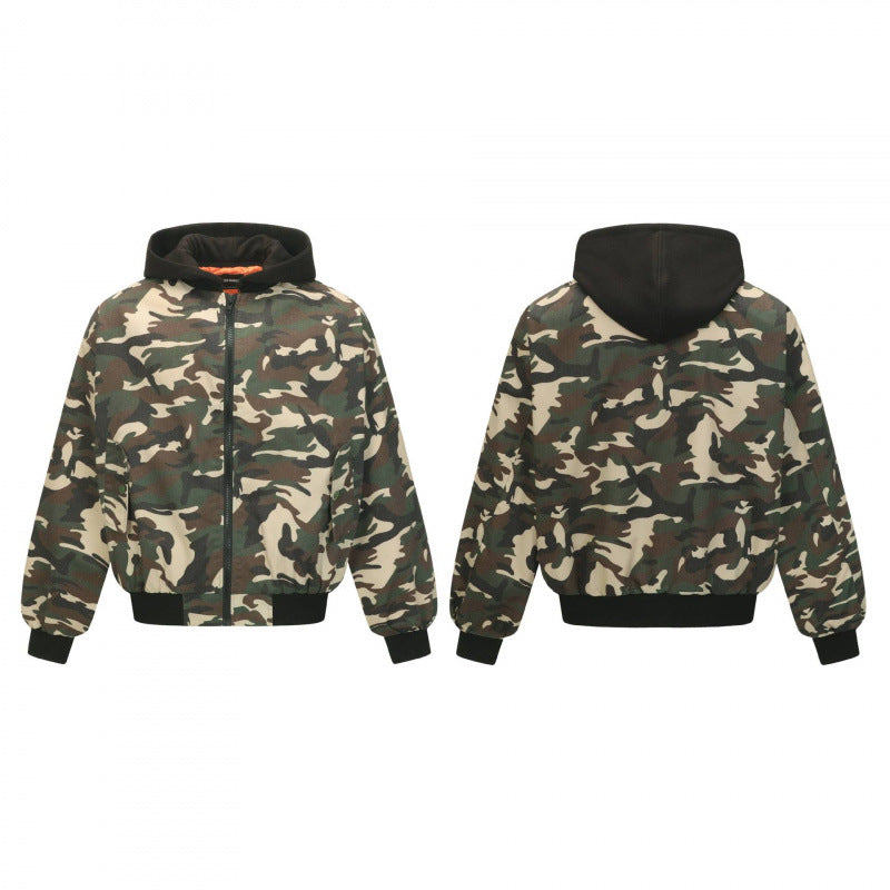 Unisex Kurz geschnittene Camouflage-Kapuzenbomberjacke mit wattierter Innenlage und elastischen Bündchen Shop Nory