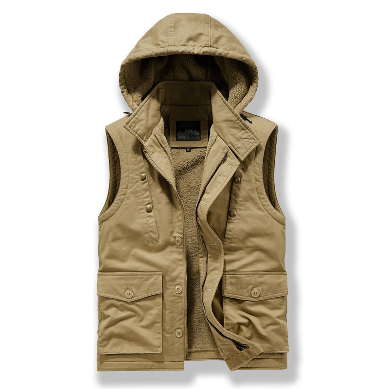 Herren Utility-Weste mit Kapuze, Teddyfutter und Multifunktionstaschen Shop Nory
