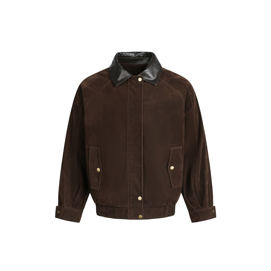Herren Boxy Veloursleder-Blouson mit kontrastierendem Lederkragen und Druckknopf-Pattentaschen Shop Nory