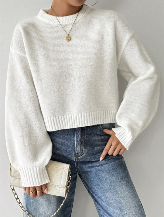 Damen Kurz-Cropped Pullover aus feinem Strick mit Ballonärmeln und geripptem Bund Shop Nory