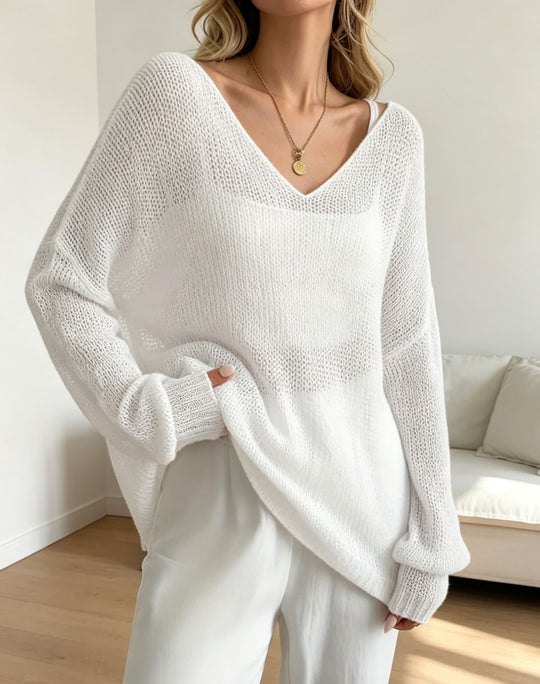 Damen Oversized Strickpullover mit tiefem V-Ausschnitt und feiner Lochstrickstruktur Shop Nory