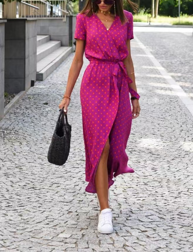 Damen Maxikleid mit Polka-Dots und seitlichem Schlitz